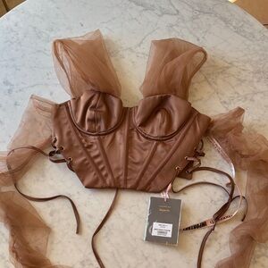 House of CB “Bonnie” Brown Satin Corset Crop Top with Sheer Ruffle Sleeves small